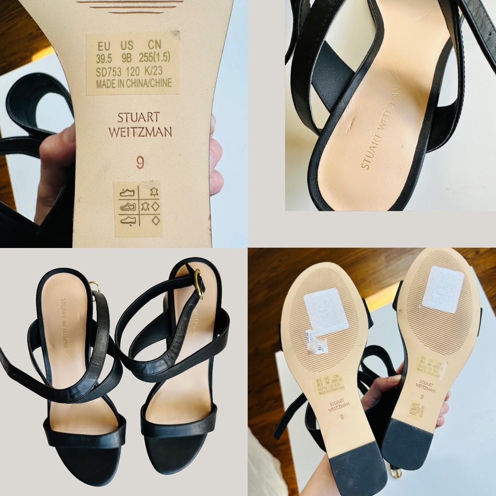 Stuart Weitzman Black Leather Ankle Strap Wedge Sandals SD753 Size 9 - Picture 4 of 7